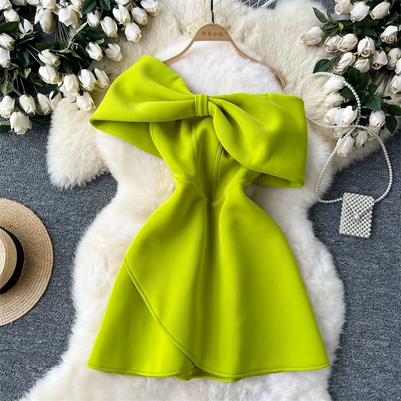 Retro strapless dress American sexy bow tight evening dress womens shoulder summer high waisted vest straight 241231