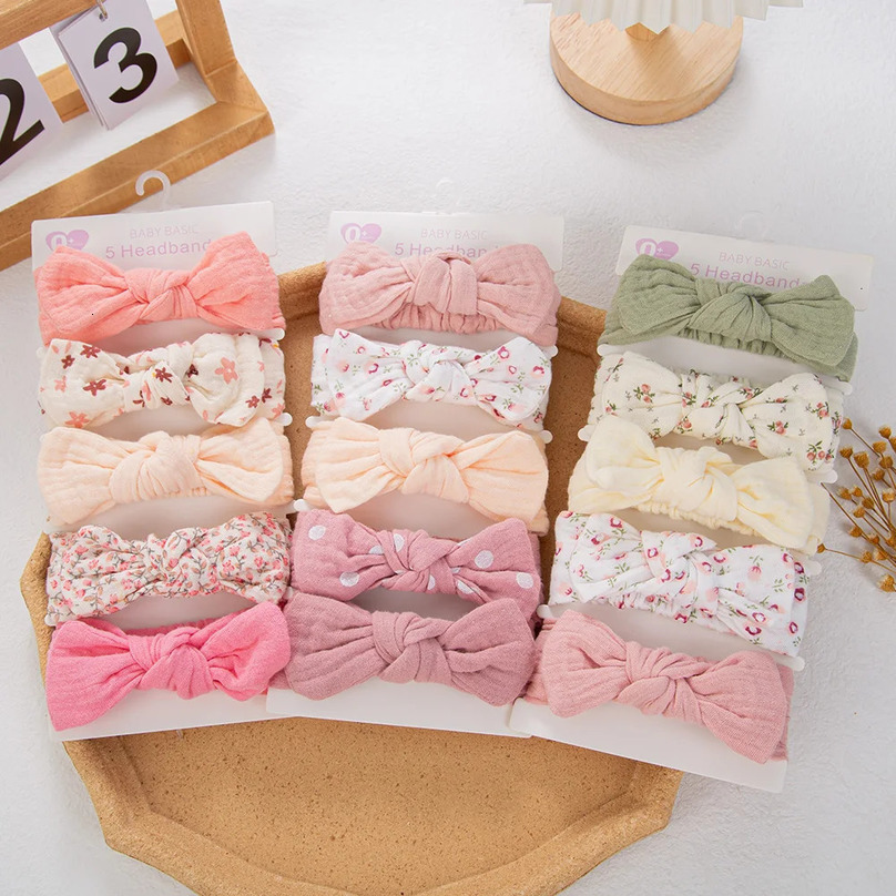 5Pcs/Set Solid Muslin Cotton Linen Baby Headband Elastic Rabbit Ear Hair Band Infant Girl Turban Headwraps Stretch Accessories 250528