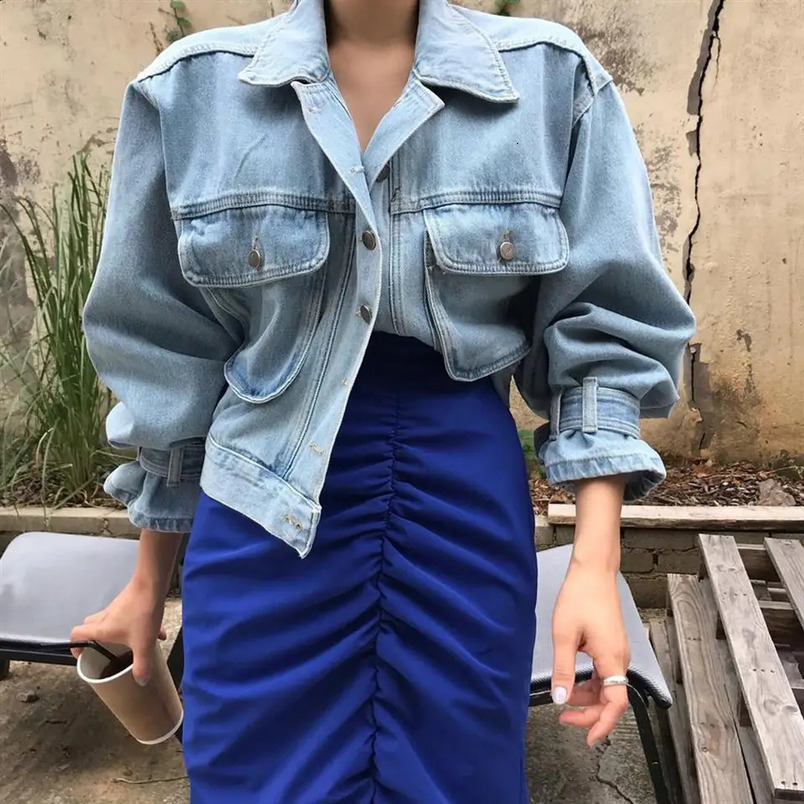 Coats jacket womens top sexy Puff long sleeved Y2k clothing cutting jacket womens denim shirt 240906