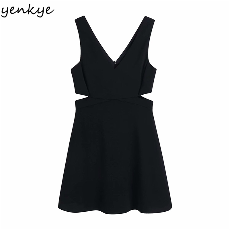 YENKYE Sexy Side Opening Waist Dress Women V Neck Sleeveless A-line Mini Vintage Black Dress Female Summer Tank Vestido 210515