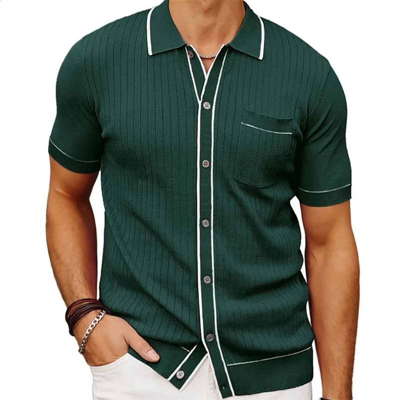 Mens clothing knitted polo shirt casual striped button solid color short sleeved mens breathable M-3XL T-shirt 241203