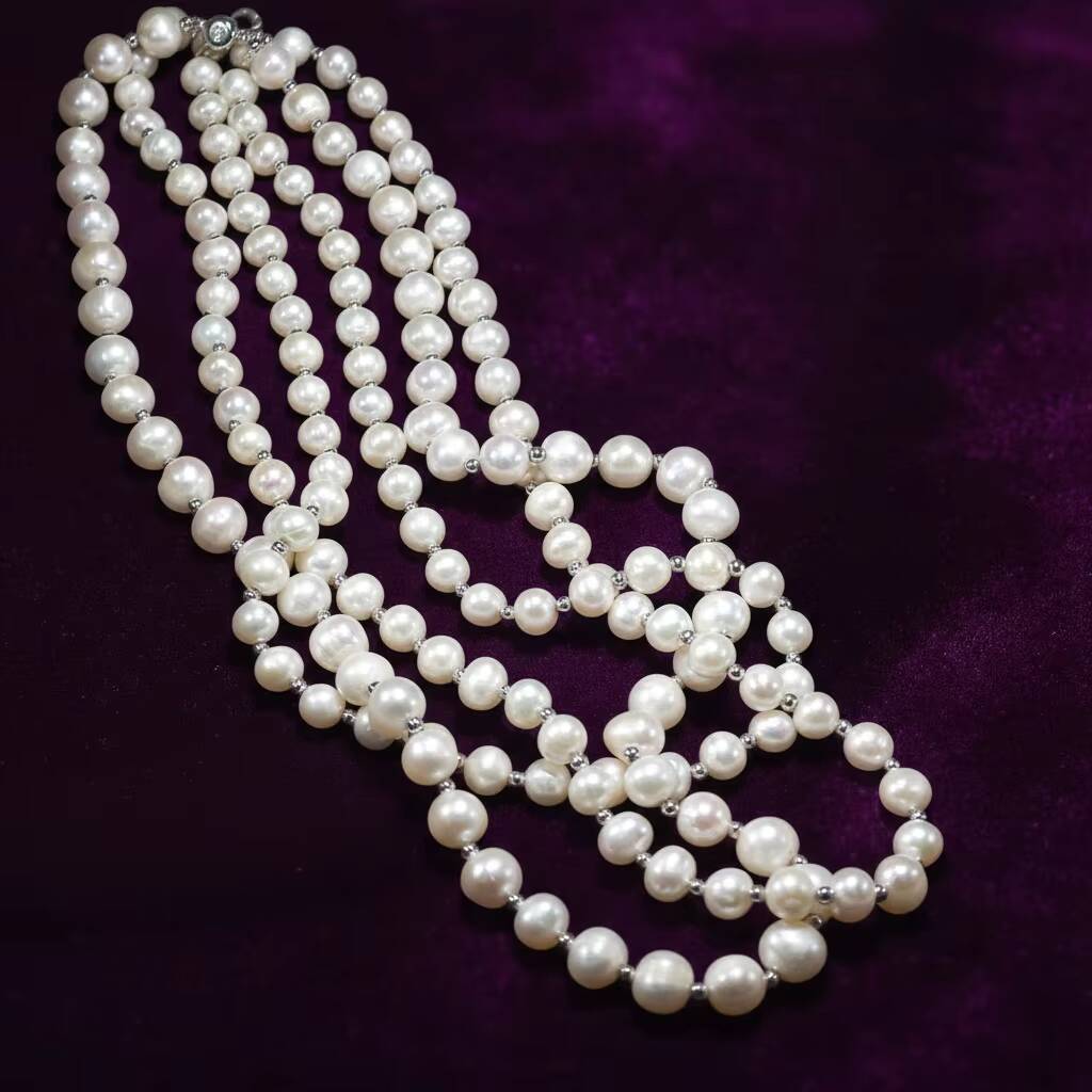 Luxury High Quality 79mm 5A Natural Freshwater Pearl 3 Rows Pearl Necklace for Women Bride Party Banquet Wedding Silver Jewelry