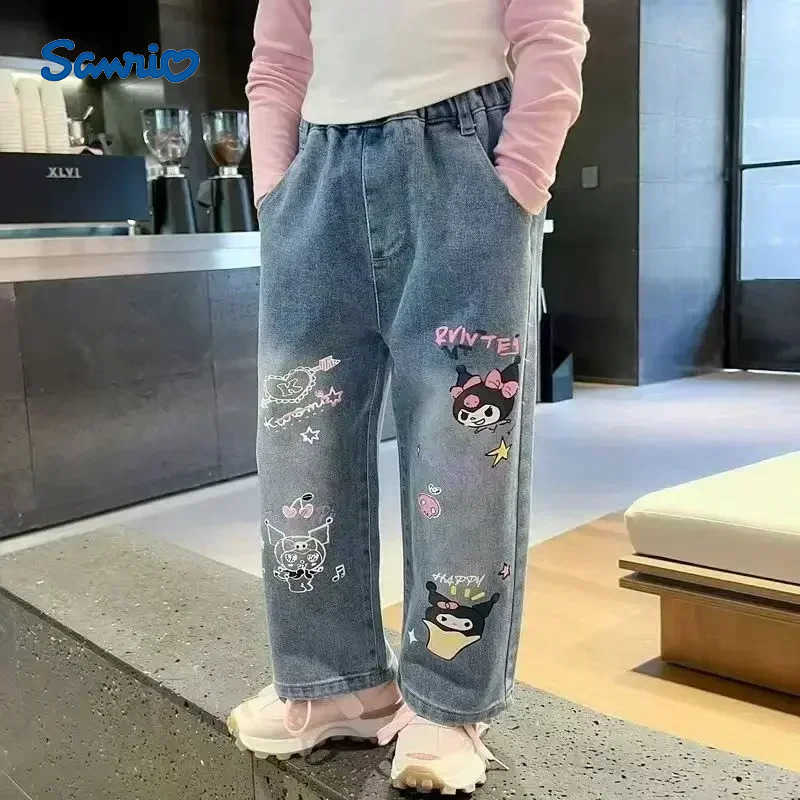 Sanrio New Girls Jeans Kuromi Kids Cartoon Thin Casual Trousers Loose Cute Trousers Anime Peripheral Holiday Gifts L250925