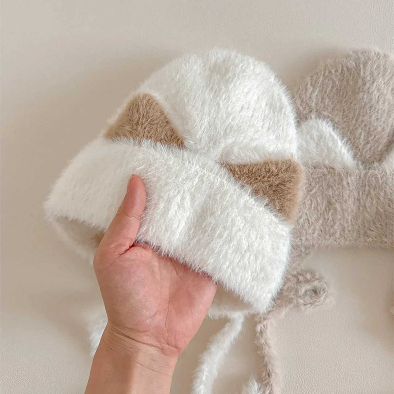 Cute Cat Baby Ear Protection Cap Winter Warm Thick Fur Knit Hat Solid Color Cartoon Kids Boy Girls Plush Hats L25092510QV