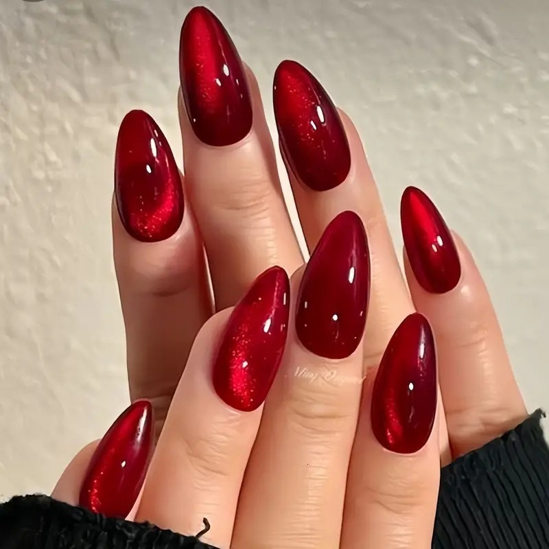 Fake Nail Tips Cherry Red Cat Eye Wearable Nails Brightening Nail Stickers Simple Solid Color Nail Tips