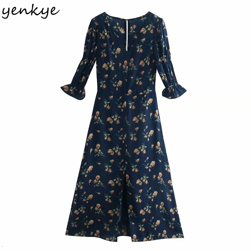 YENKYE Chiffon Summer Dress Women Vintage Prairie Chic Floral Print Dress Female V Neck Sexy Hem Slits A-line Midi Robe Femme 210515