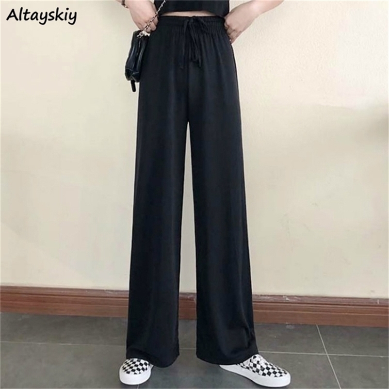 Women's Pants Capris Wide Leg Women Pure Black Lace-up Korean Style Loose Leisure High Waists Female Spring Long Daily Trousers Streetwear Fall 2
