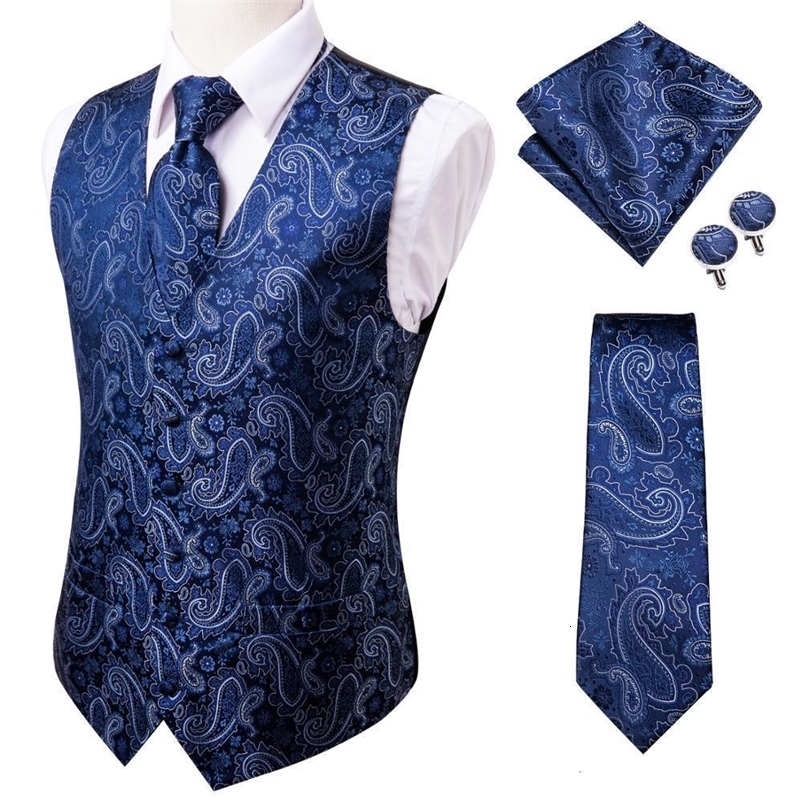 Men's Suits Blazers Hi-Tie 20 Color Silk Men's Vests Tie Business Formal Dress Slim Sleeveless Jacket 4PC Hanky Cufflink Blue Paisley Suit W