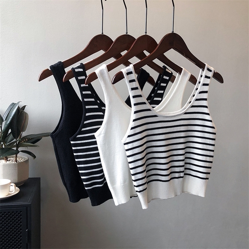 Camisoles Tanks Striped Knitted Crop Camis White Black Summer Casual Women Tank Tops 230327