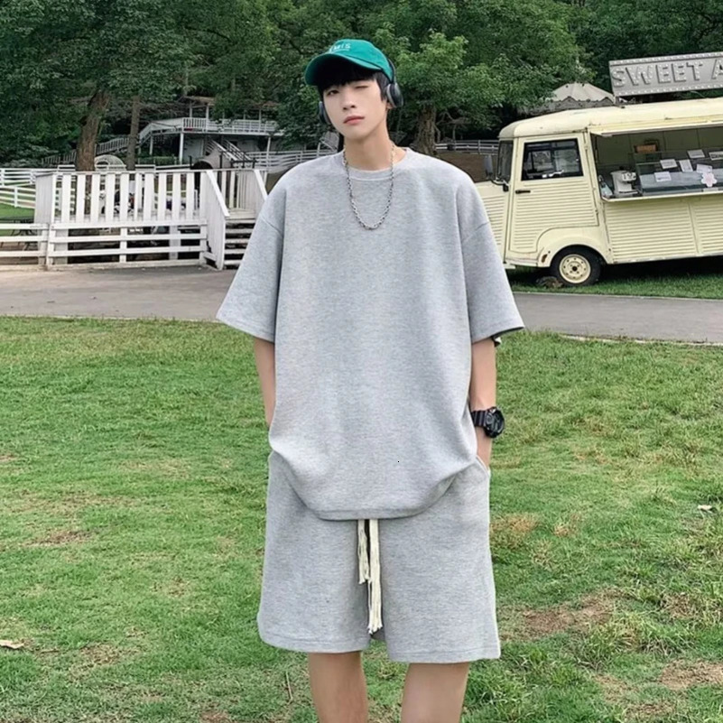 Summer Korean Solid Loose Mens T-shirtShorts Sportswear Sportswear Oversized 5XL 250427