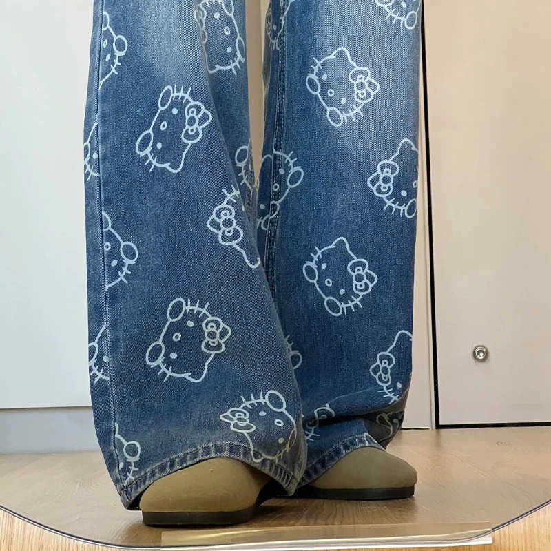 Sanrio Hello Kitty Womens High Waist Straight Leg Denim Pants Stretch Comfort Leg Jeans Breathable Dark Blue Wide Leg Jeans for Women L250925