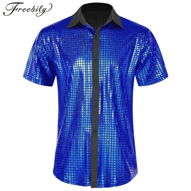 Men's Casual Shirts Mens 70s Disco Metallic Shiny Plaid Print Shirt Short Sleeve Button Down Shirts Nightclub Party Tops Stage Performance Costum