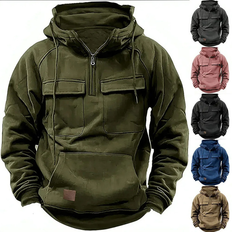Half zip mens tactical hoodie solid warm wool military sports sweater with multiple pockets thick outdoor extreme 240822