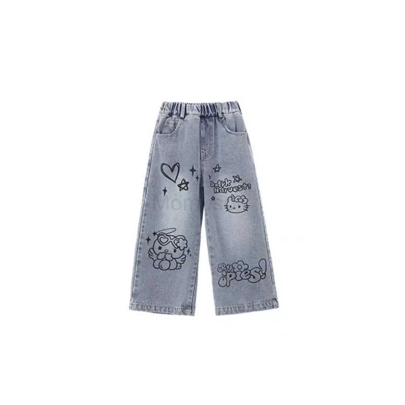 Sanrio Hello Kitty Child Cotton Jeans Loose Wide Leg Pants ChildrensPants Soft Straight Leg Pants Sweet Girls Gift L250925