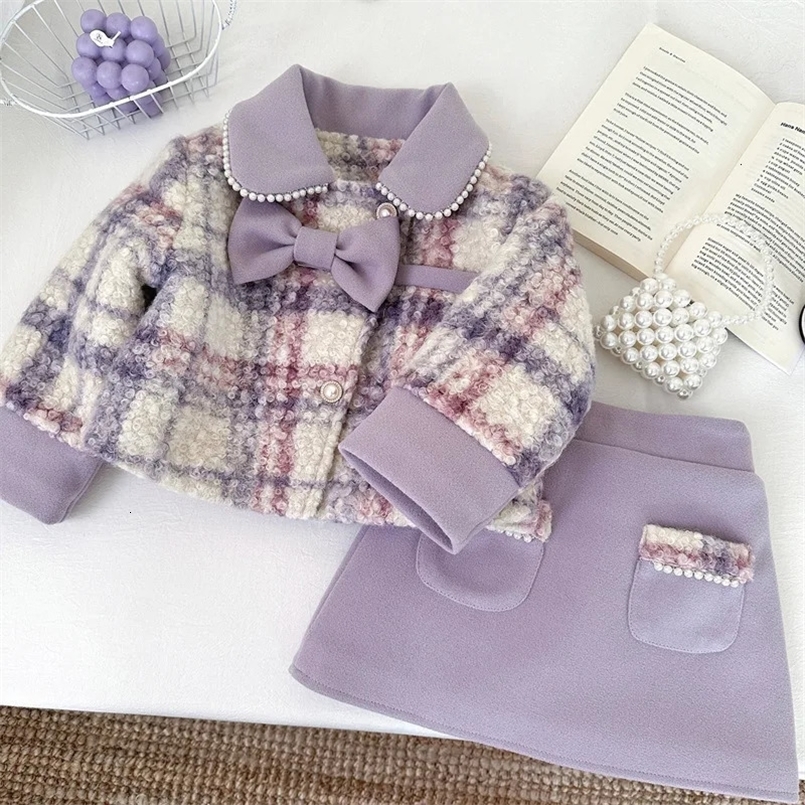 2pcs Girls Tweed Tassel Clothing Sets Flower Jackets Top and Skirt Suits Kids Outfit for 1-10Ys Children Fashion 250314