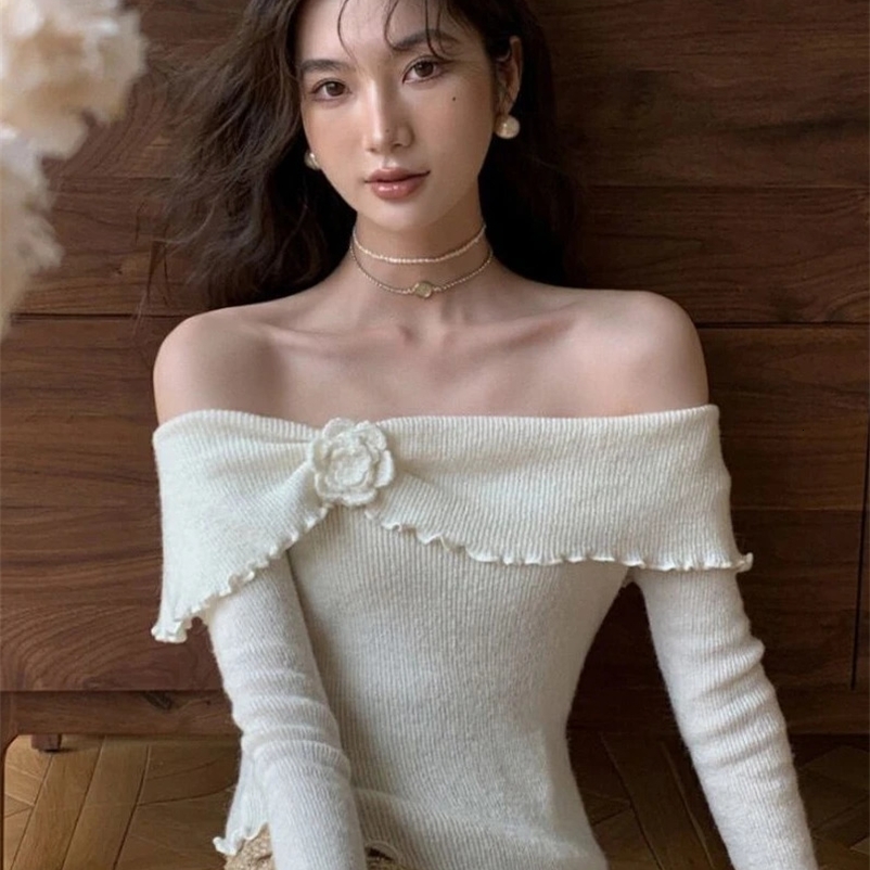 Deeptown Korean Fashion Off Shoulder Sweater Women Fairycore Aesthetic Knitted Jumper Mujer Chic Elegant Long Sleeve Top Spring 240911