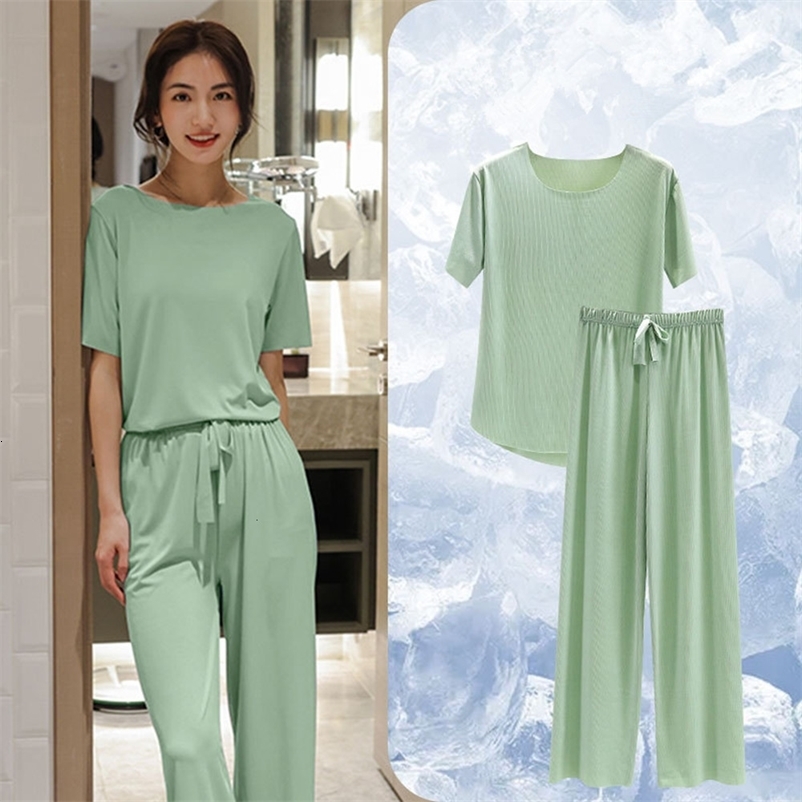Women's Sleepwear Fdfklak Short Sleeve Two Piece Set Summer Green Pajama Suit For Women Fashion Soft Sleepwear Korean Loose Nightwear 230418