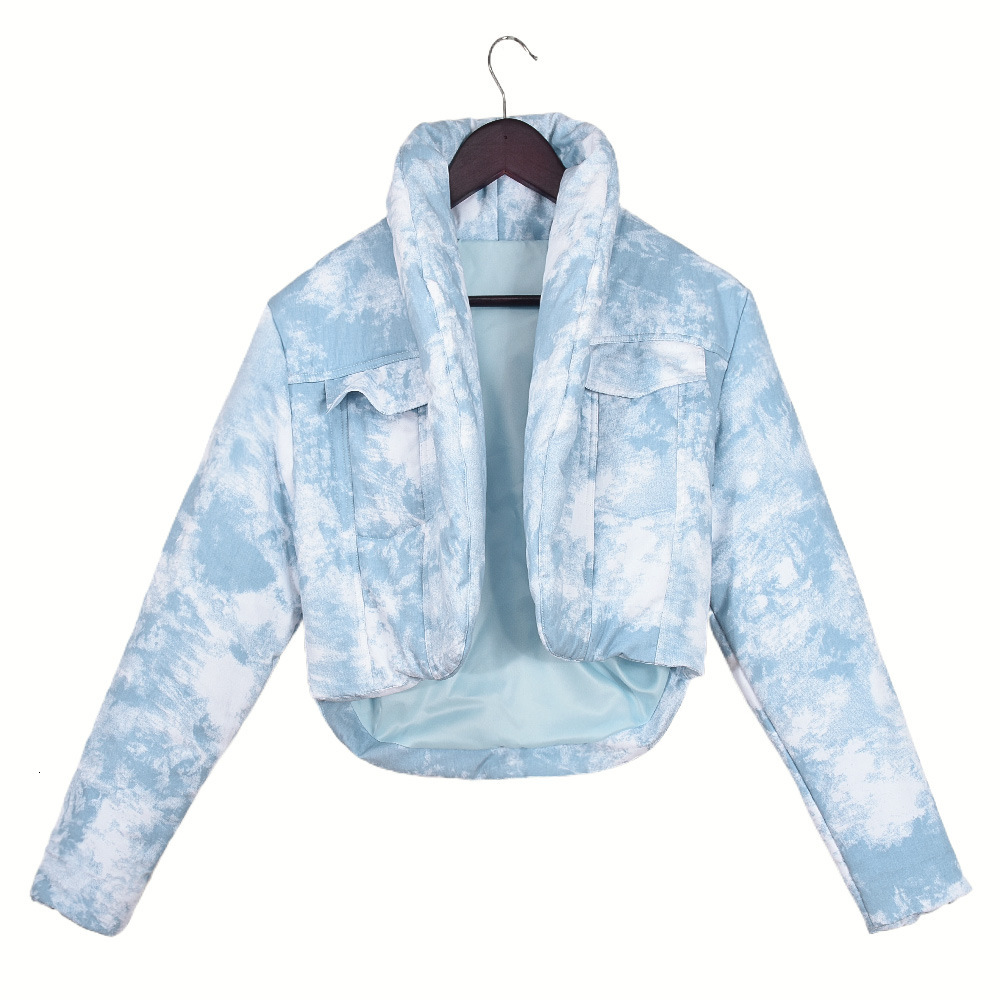 51381 Quilted Scarf Stand Collar Pocket Long Sleeve Gradient Color Block Short Cotton Coat for Women