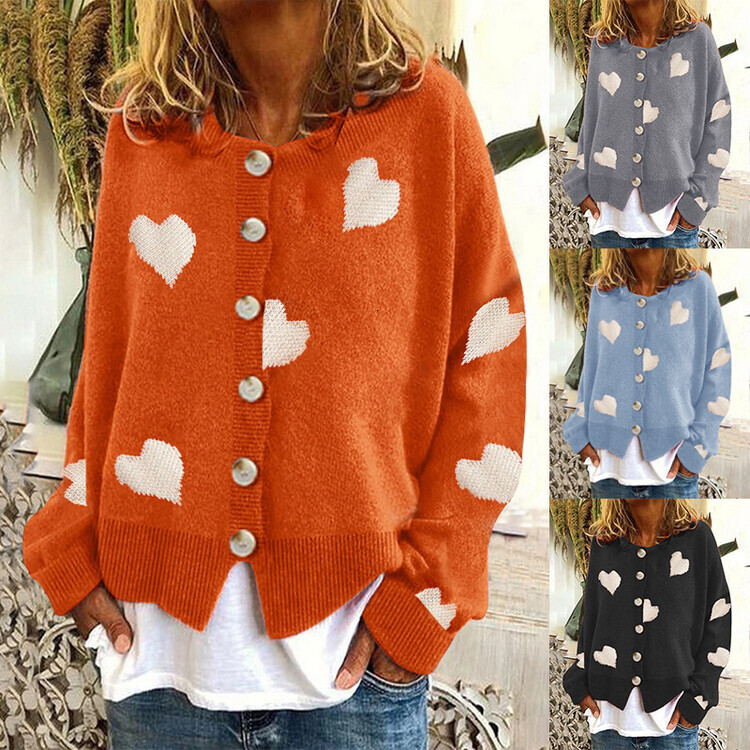 Autumn Winter New Knitted Single-Breasted Heart Women's Coat Sweater