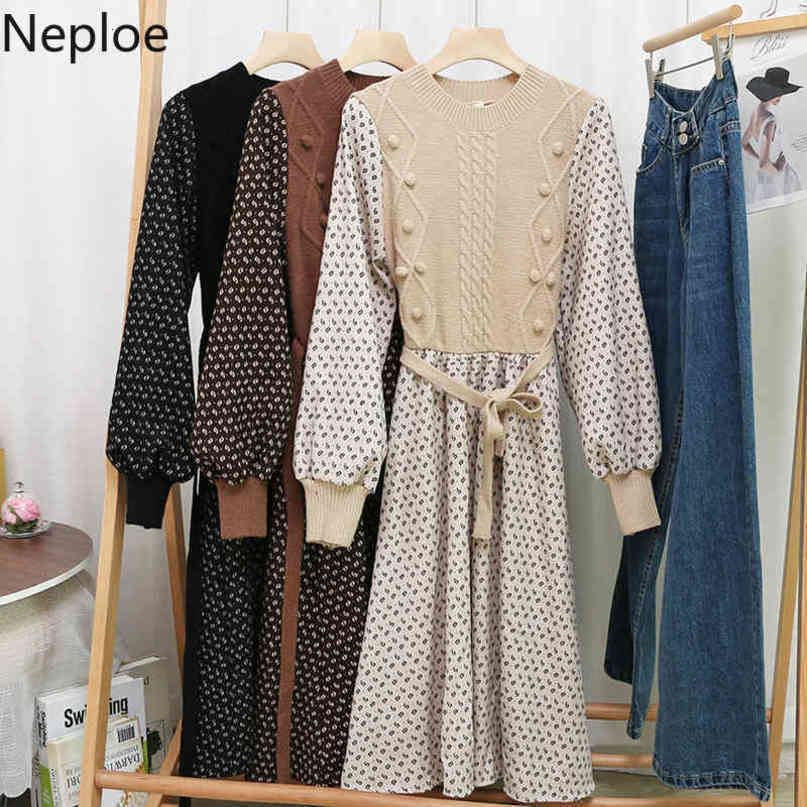 Neploe Patchwork Lnitted Ribbed Dress Slim Waist Lace Up Floral Vestidos O-neck Long Sleeve Vintage Robe Dresses for Women 4G305 210422