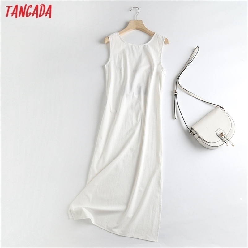 Tangada Women White Backless Midi Dress Sleeveless Fashion Lady Elegant Dresses 6D52 210630