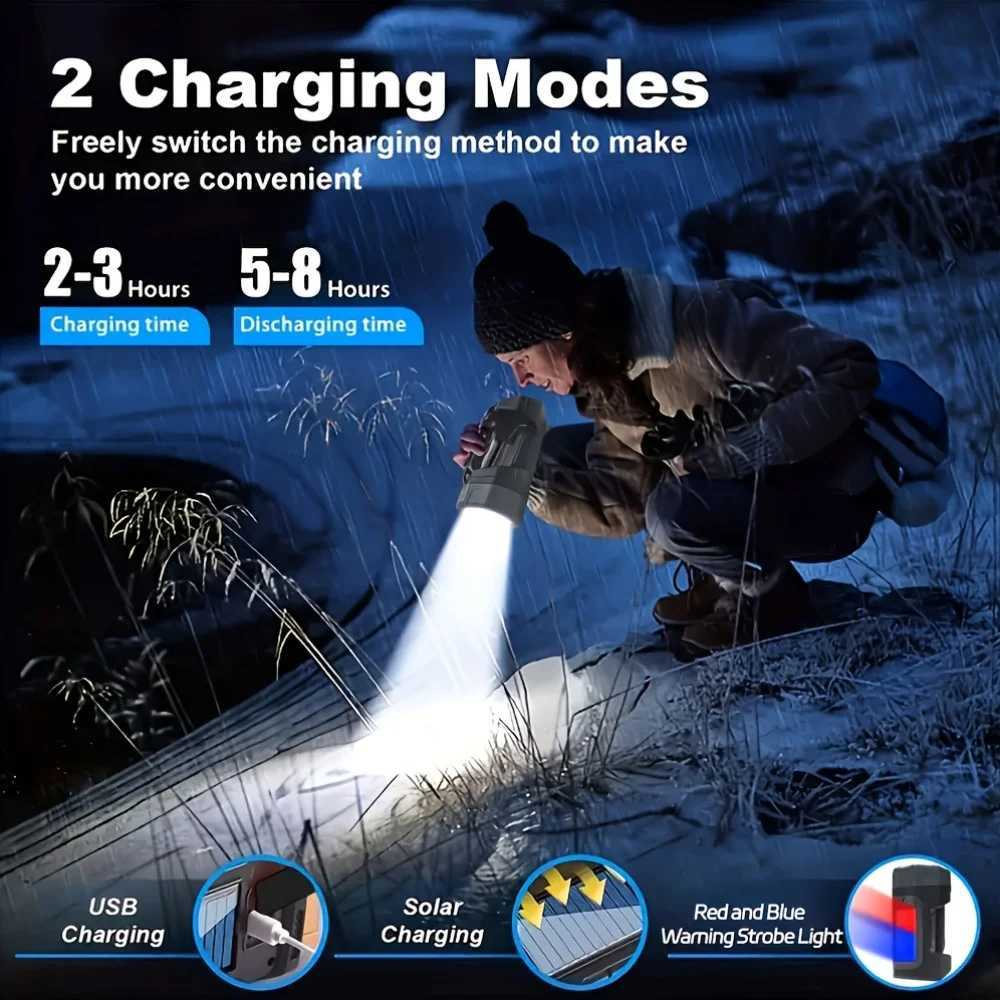 Rechargeable Spotlight LED Spotlight Flashlight Outdoor with Cob Light and Solar Panels 6 Modes Large Waterproof Spot Light J250925