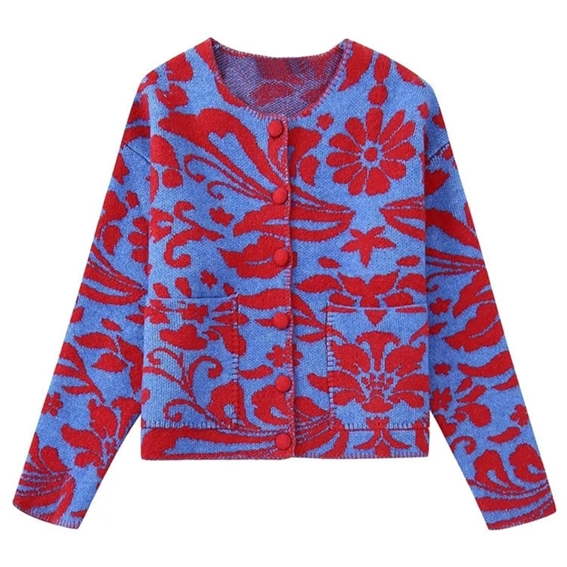 Women's Knits Tees Zevity Women Vintage O Neck Flower Jacquard Knitting Sweater Female Chic Long Sleeve Double Pockets Cardigan Coats Tops CT3000