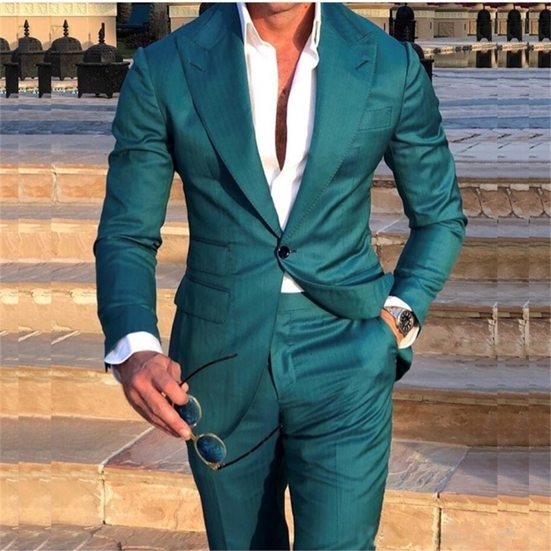 Men's Suits Blazers Costume Homme Green Wedding Tuxedos Slim Fit Groom Suits Tailor Made Groomsmen Prom Party Suits JacketPants Terno Masculino 2