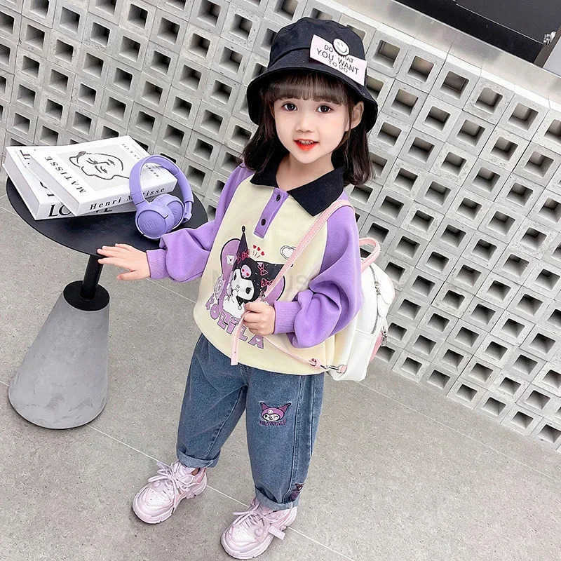 Sanrio New Jeans Korean Cartoon Kawaii Kuromi Childrens Embroidered Versatile Pants Cute Girls Spring and Autumn Pants L250925