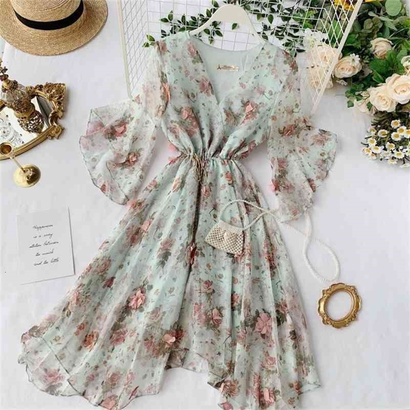 Mozuleva Women Chiffon Dress Summer Sexy V-neck Flare Sleeve Floral Sweet Tulle Dress Elegant Ladies Irregularity Robe 210630