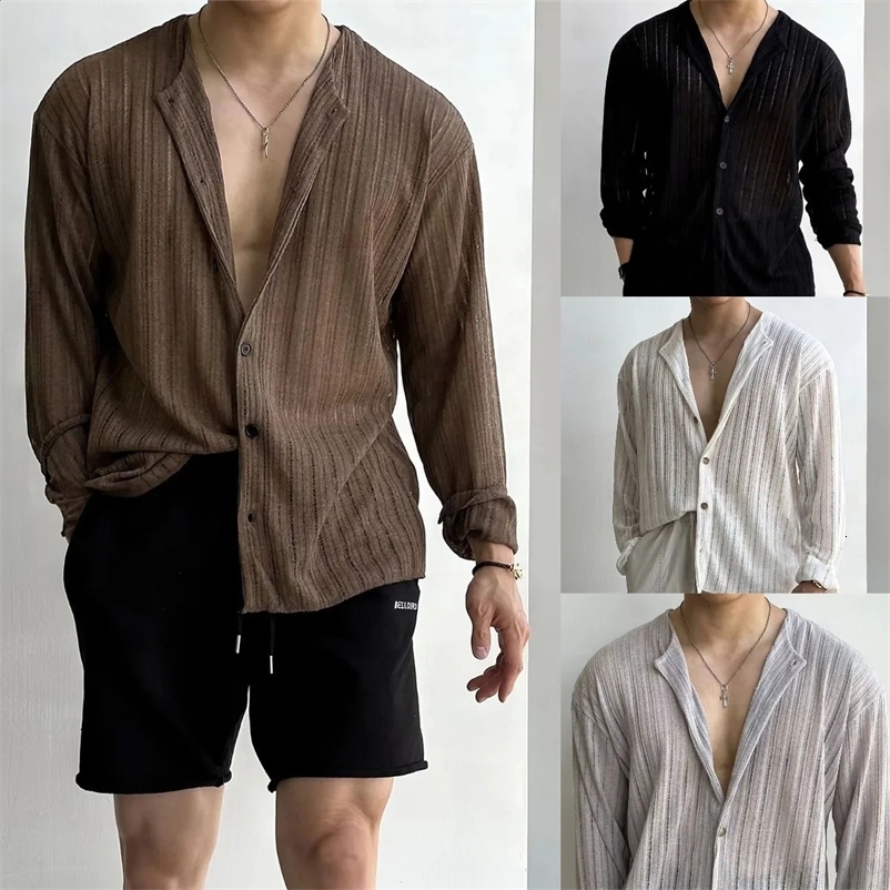 Large mens V-neck sexy knitted cardigan solid color long sleeved hollow polo shirt mens top 250317