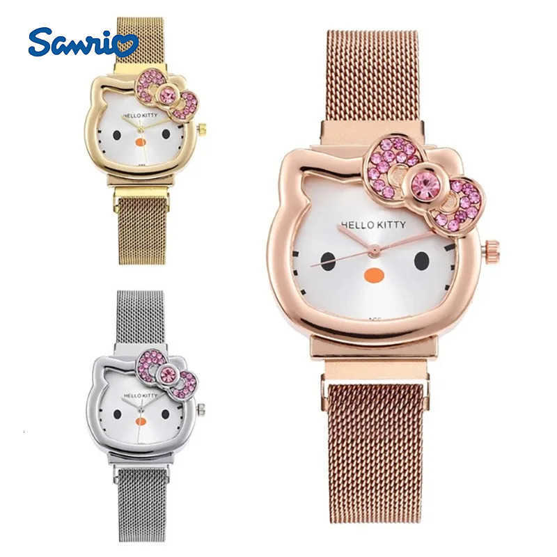 Sanrio Kawaii Hello Kitty Watch Metal Vintage Diamond Bow Ladies Watch Kawaii Girl Birthday Cartoon Anime Student Magnet Strap Gifts L250925