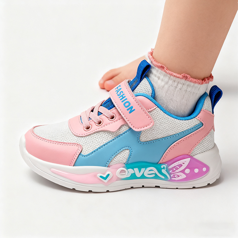 Casual Shoes Girls' Fashion Athletic Sneakers - Breathable Mesh with Velcro Strap, Colorful Butterfly Accent Kids Sports Shoes