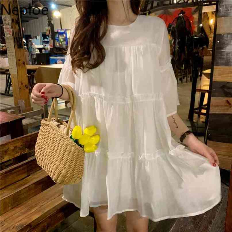 Neploe Japanese Sweet Dresses Women Summer Thin White Vestidos O-neck Short Sleeve Loose Ruffles Robe Korean Fashion Dress 210422