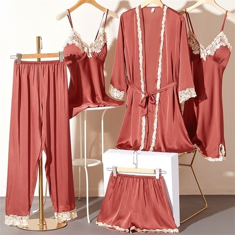Women's Sleepwear Lace 5PCS Pajamas Set Spring Sleepwear Women Satin Lounge Wear Lingerie Home Clothes Sexy Kimono Bathrobe Gown With Breast Pads