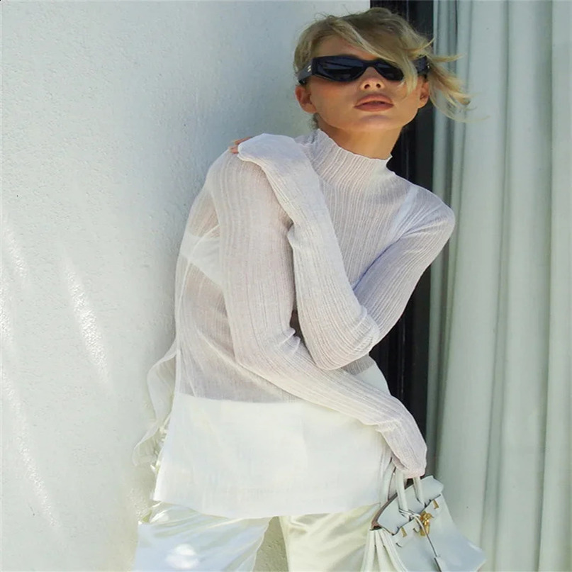 Tossy White Knitwear See Through Tshirt Pullover Womens Hollow Ultra Thin Long Sleeve Casual Splicing Work Top 240820