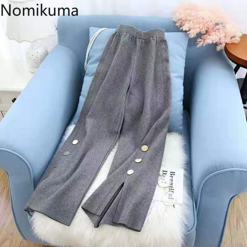 Nomikuma Autumn Winter Knitted Pants Korean High Waist Split Buttons Wide Leg Pants Causal Solid Sweater Women Pants 6C706 210427