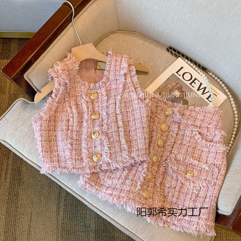Lanjia- Pink Tweed Chanel Style For Women 2025 Summer New Elegant Socialite Half Skirt And Vest Two-Piece Set Korean 10B5f