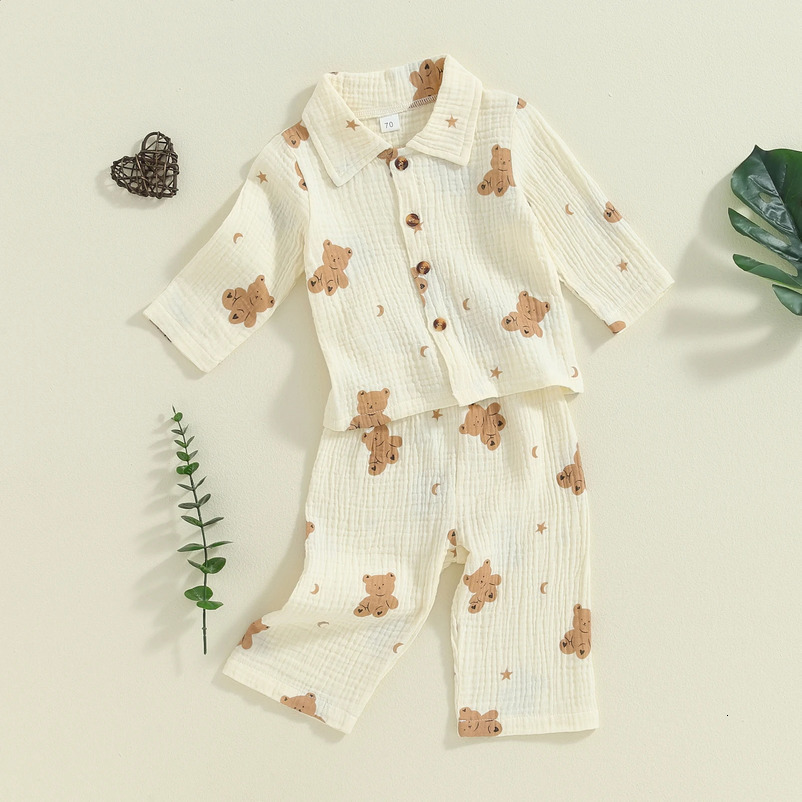 MISOWMNJOY long sleeved childrens sleepwear for girls and boys autumn and winter sleepwear set bear pattern lapel button top pants childrens casual we