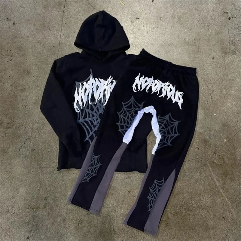 High Street Harajuku Spider Web Printed Loose Hoodie Y2K Hip Hop Street Mens Casual Zipper Sweatpants Gothic 250422