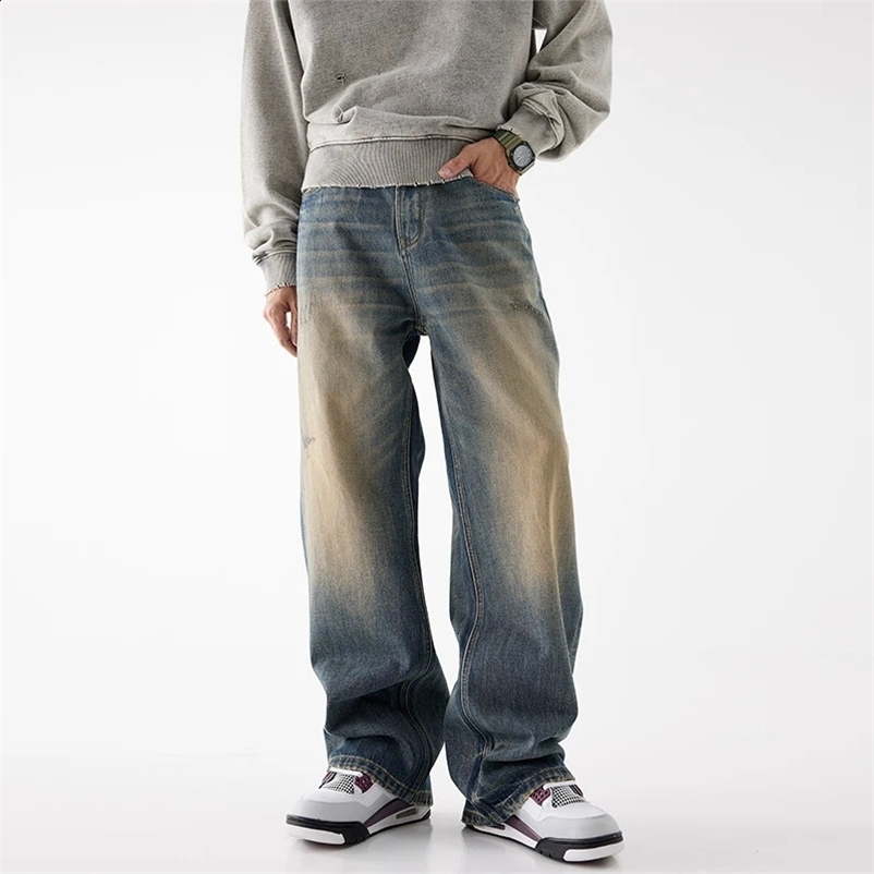 Young Mens Loose Jeans Street Hip Hop Baggy Wide Leg 100% Cotton Pants Y2k Pop Pants Harajuku Style Tear Jeans 241203