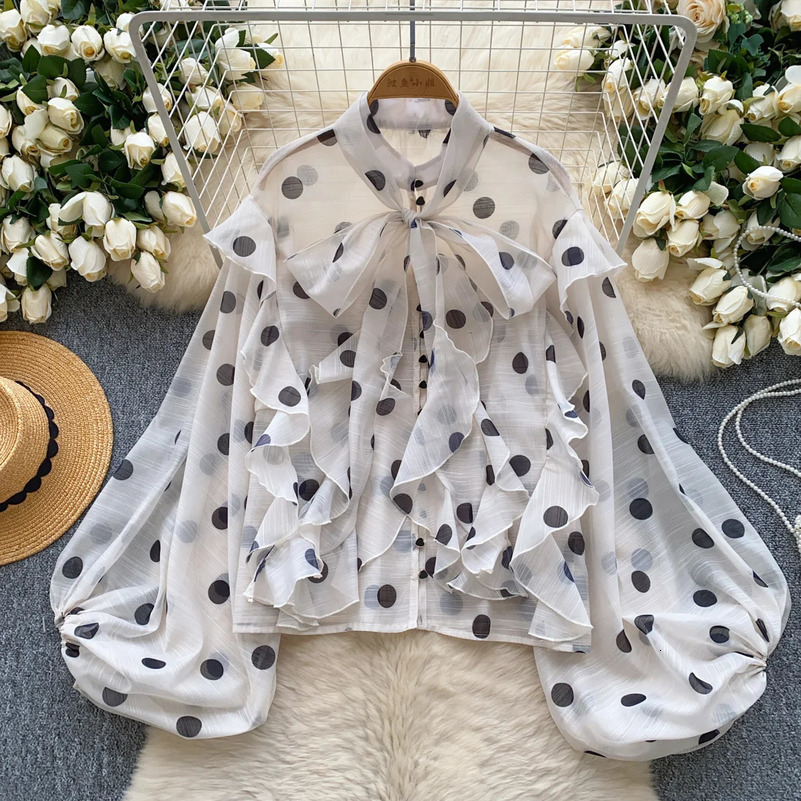 Womens bow lace retro lantern long sleeved ultra-thin fashion polka dot mesh chiffon shirt sweetheart spring outfit 250402