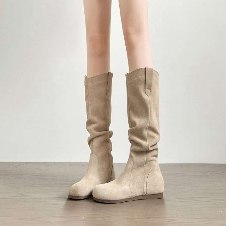 Winter Women's Long Boots - Hot Soft Luxury shoes Leather Upper, Pleated Slouchy with Hidden free shipping Wedge Heel