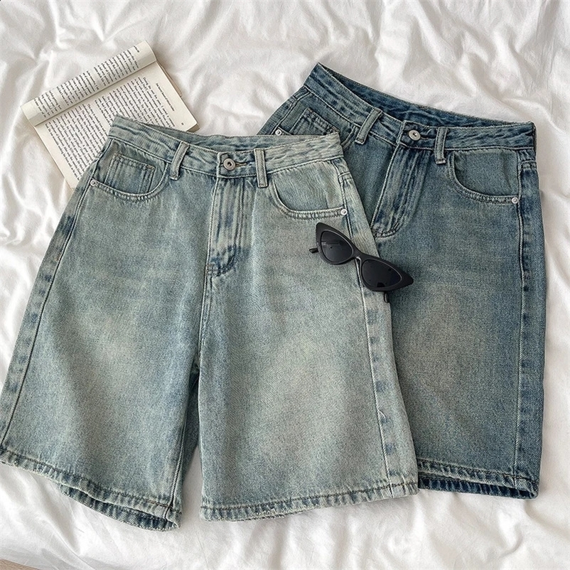 Retro denim shorts womens summer high waisted loose wide leg straight shorts retro casual half pants womens streetwear 250118