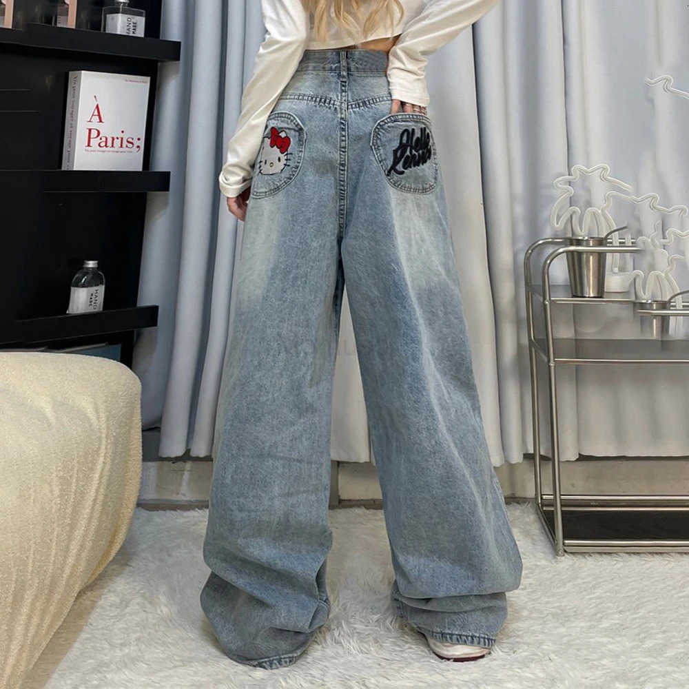 Sanrio Y2K Hello Kitty Girls Jeans Cotton Wide Leg Pants Sanrioed Cartoon Kt Women Straight Leg Trousers Cute Retro High Waisted Jeans L250925