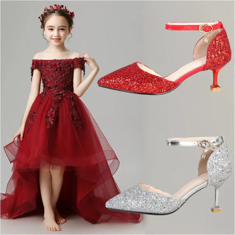 Girls High Heels Princess Shoes Children Stiletto Heels Show Shoes Leather Kids Sequins Wedding Shoe 5CM 241219