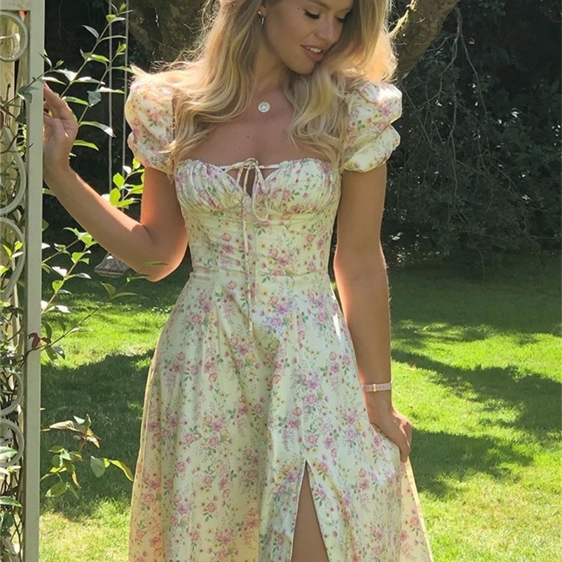 Casual Dresses NCLAGEN Boho Charming Floral Print Vacation Puff Sleeve Slit Vestidos Women Summer Party Club Vintage Long Robe 230217