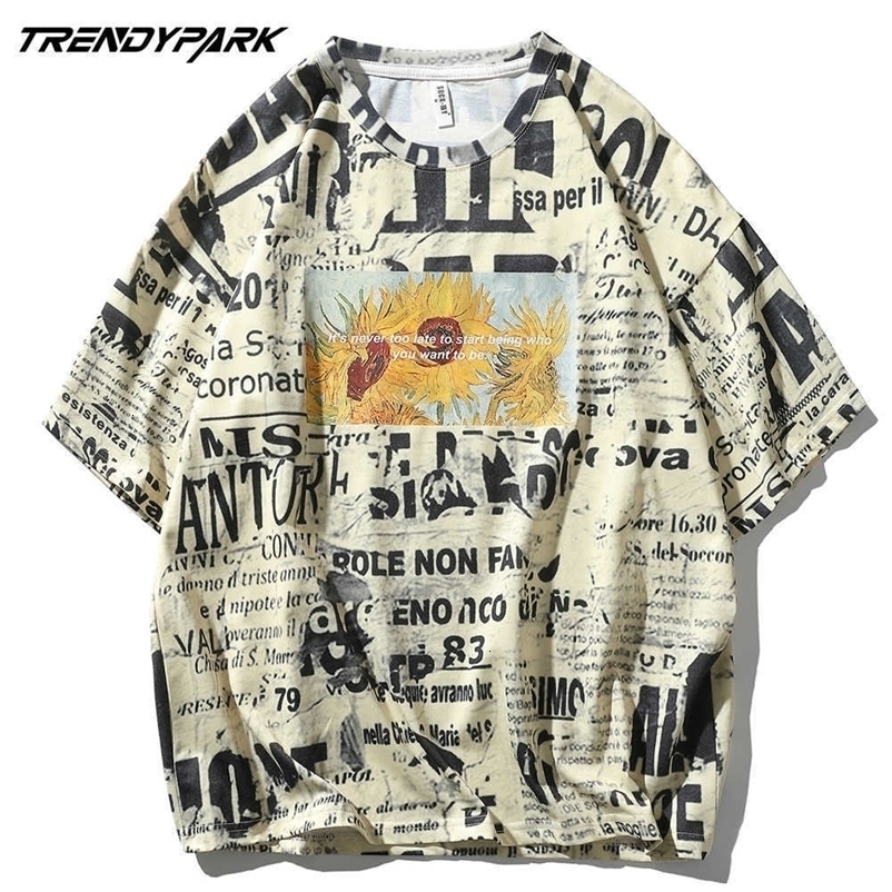 Men's T-Shirt Polyester Harajuku Van Gogh Sunflower Print Vintage T Shirt Summer Short Sleeve Tshirt Cotton Casual Tops Tee 210601