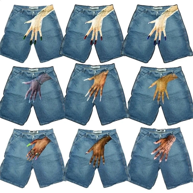 Y2K bagged denim shorts retro finger print hip-hop gym shorts Harajuku summer mens gothic womens shorts streetwear 241231