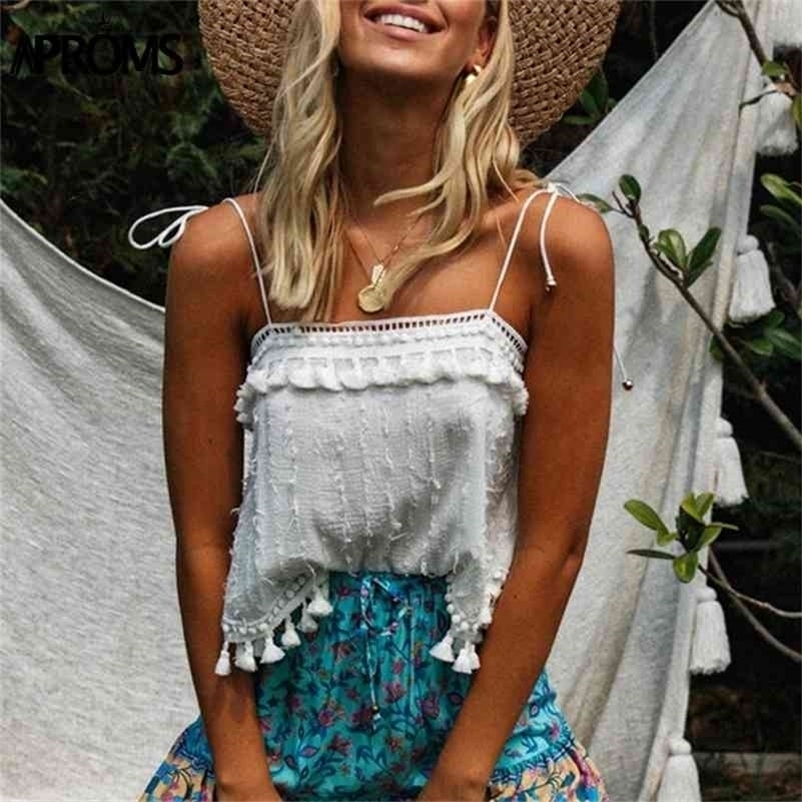 Aproms Boho Vintage Tassel Straps Tie Up Basic Camis Women Summer White Square Neck Tank Tops Cool Girls Festival Crop Top 210625
